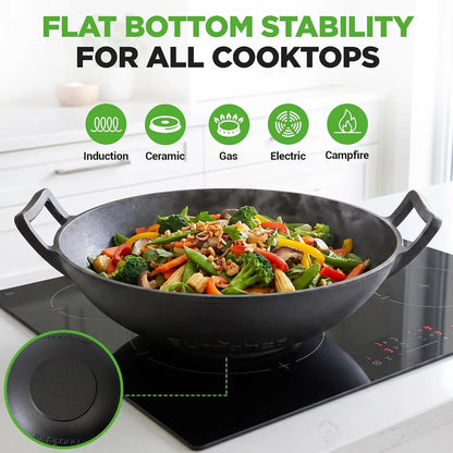 14" Cast Iron Wok with Wooden Lid - Pre-Seasoned Kadai for Stir-Fry with Loop Handles, Compatible with Multiple Cooktops Including Induction, Large 5.8 Qt Capacity6