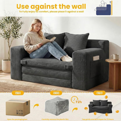 Boneless Couch,Boneless Loveseat Sleeper Sofa Bed – 3-In-1 Convertible Couch Bed with Side Pockets & Handle,Pull Out Corduroy Futon for Small Space,Living Room & Bedroom,2 Pillows Included,No Assembly8