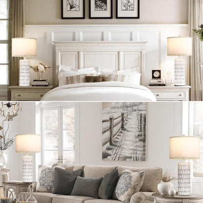 26" Modern Farmhouse Table Lamps for Living Room Set of 2, Rustic Antique Bedside Lamps for Bedroom Nightstand, Grey-White Resin Traditional Table Lamps with White Fabric Shade, Bulbs Included2