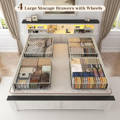 Full Size Bed Frame with Headboard and Storage,4 Drawers,White5