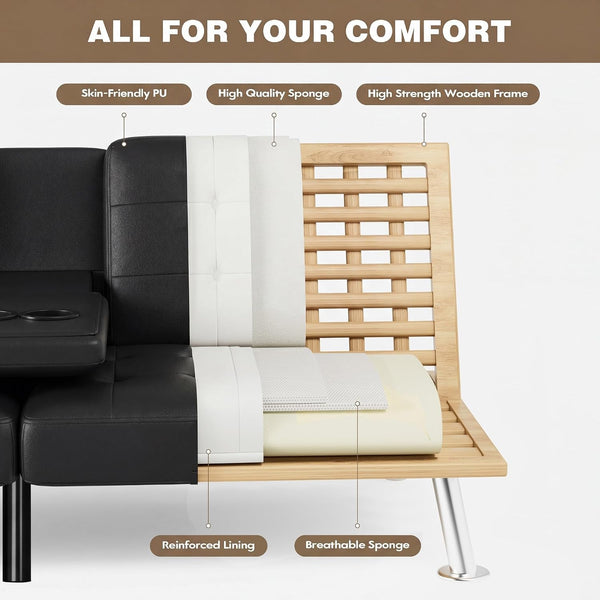 Black Faux Leather Futon Sofa Bed, Loveseat with Adjustable Backrest6