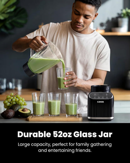 Smoothie Blender for Kitchen,1200W Glass Blender with 5 Smart Programs | Professional Blender with 52Oz Jar & 24Oz To-Go Cup, 6-Leaf Blade for Ice Cubes, Frozen Fruits, and Shakes, Self-Clean, Black6