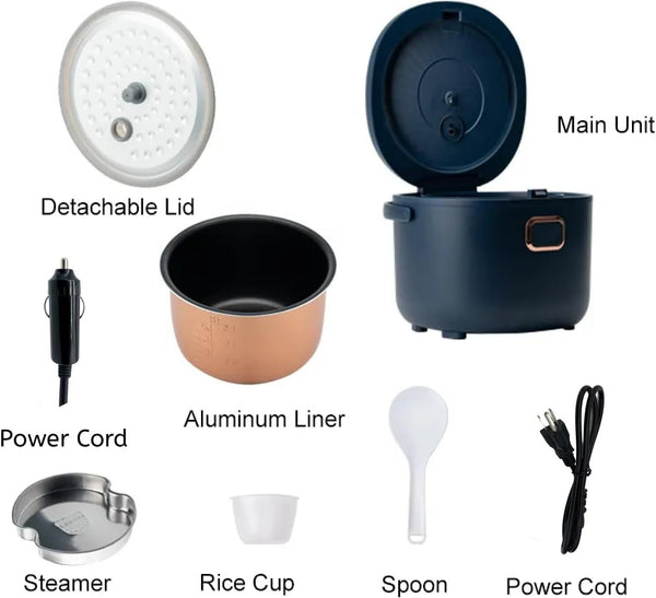 12V/24V/110V Rice Cooker Mini 2L Portable Multicooker 24H Keep Warm Small with Steam Tray Picnic Camping Travel for Car/Truck/Home (Blue)3
