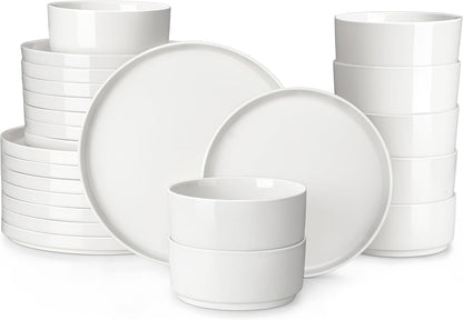24 Pieces Porcelain Dinnerware Set, Modern White Dish Set for 8, Premium Serving Plates and Bowls Sets, Chip and Scratch Resistant Dishware Sets Kitchen Dishes Dining Ware Set, Series LEAH1