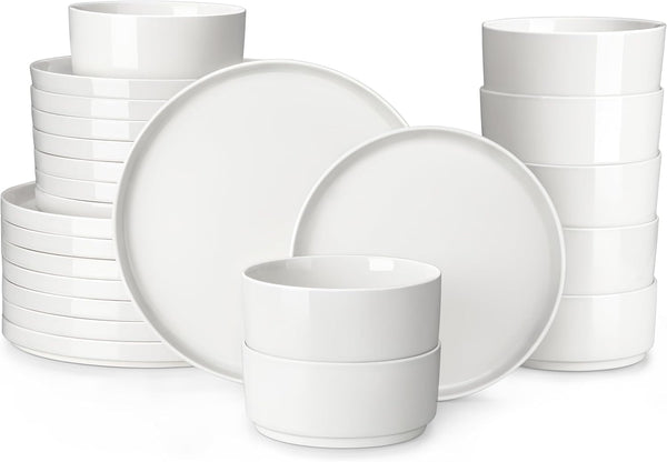 24 Pieces Porcelain Dinnerware Set, Modern White Dish Set for 8, Premium Serving Plates and Bowls Sets, Chip and Scratch Resistant Dishware Sets Kitchen Dishes Dining Ware Set, Series LEAH1