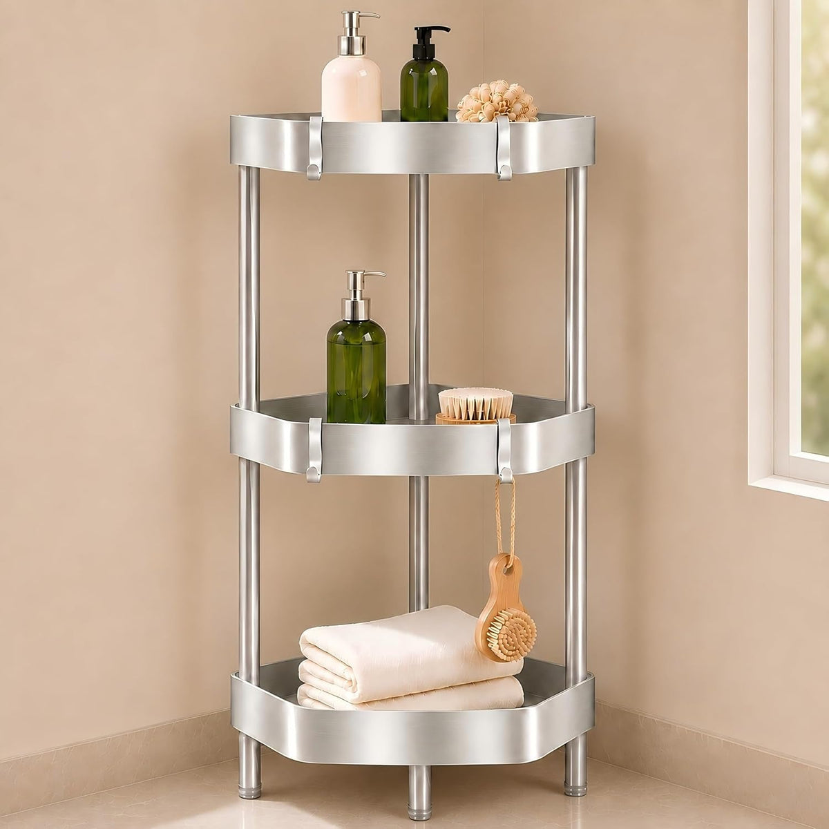 3-tier-freestanding-aluminum-corner-shower-caddy-with-4-aluminum-hooks