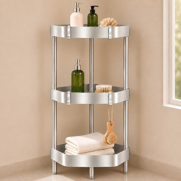3-Tier Freestanding Aluminum Corner Shower Caddy with 4 Aluminum Hooks1