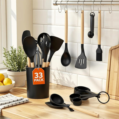 33Pcs Kitchen Utensils Set Silicone Cooking Utensils Set with Wooden Handle2