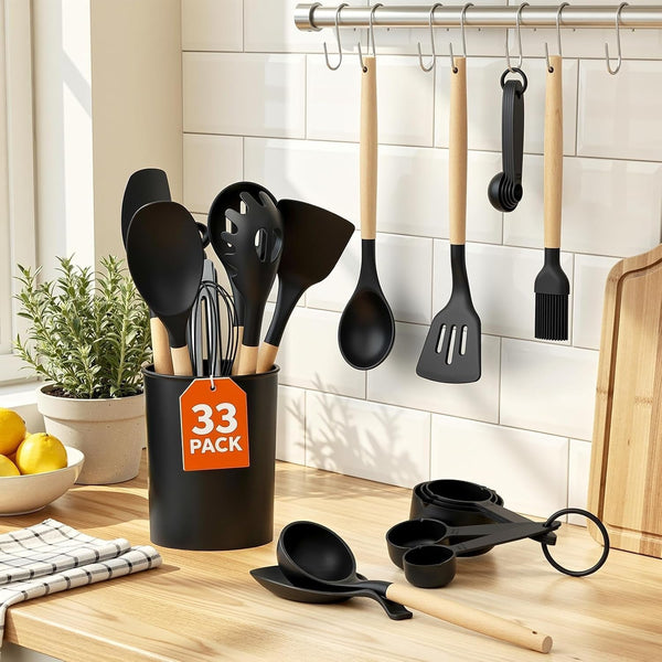 33Pcs Kitchen Utensils Set Silicone Cooking Utensils Set with Wooden Handle2