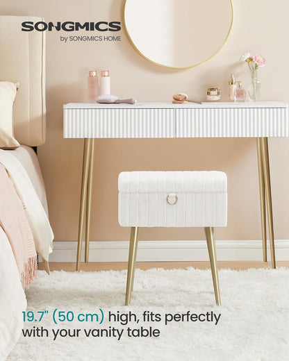 SONGMICS Vanity Stool Chair Faux Fur with Storage, Vanity Bench, Metal Legs, Adjustable Feet, for Living Room, Bedroom, Makeup Room, Cream White ULOM505WZ023