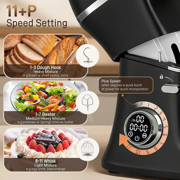 7 Quart Stand Mixer Aluminum Die Casting, 650W 12 Speed Tilt-Head Kitchen Electric Stand Mixer, Household Food Mixer with Stainless Steel Bowl, Dough Hook, Whisk and Beater-Black2