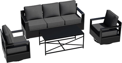 Outdoor Aluminum Furniture Set, 4-Piece Patio Conversation Set, 2 Swivel Chairs, 1 Sofa and 1 Table, All-Weather Metal Frame, 6" Thick Removable Cushions, Deep Setting for Garden, Poolside and Porch9
