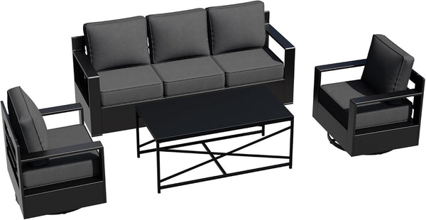 Outdoor Aluminum Furniture Set, 4-Piece Patio Conversation Set, 2 Swivel Chairs, 1 Sofa and 1 Table, All-Weather Metal Frame, 6" Thick Removable Cushions, Deep Setting for Garden, Poolside and Porch9