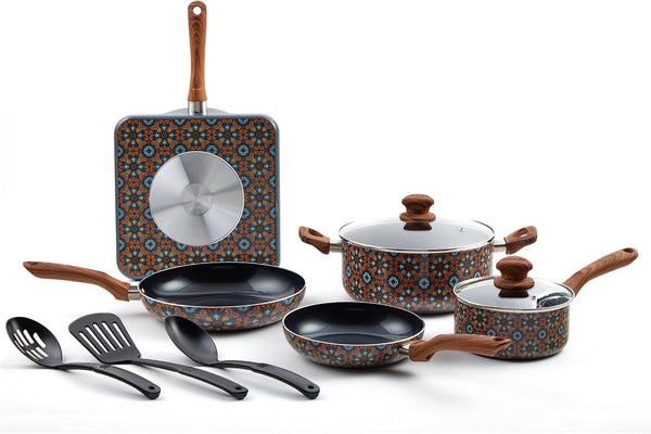 10 Piece Talavera Aluminum Black Ceramic Cookware Set | Black Ceramic Nonstick Coating, Cool-Touch Handles and Glass Lid, Ideal for Mexican Dishes, Great for Gifting1