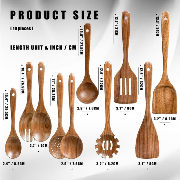 Wooden Spoons for Cooking, 10-Piece Acacia Wood Kitchen Utensil Set2