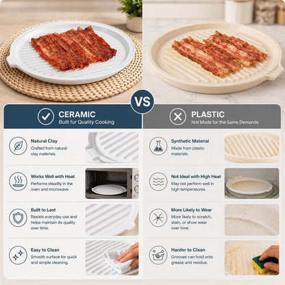 Microwave Bacon Tray with Lid Ceramic Bacon Cooker Meat Rack for Oven Cooking Crispy Bacon Maker with Cover - 11 Inch round Bacon Dish Plate, White6
