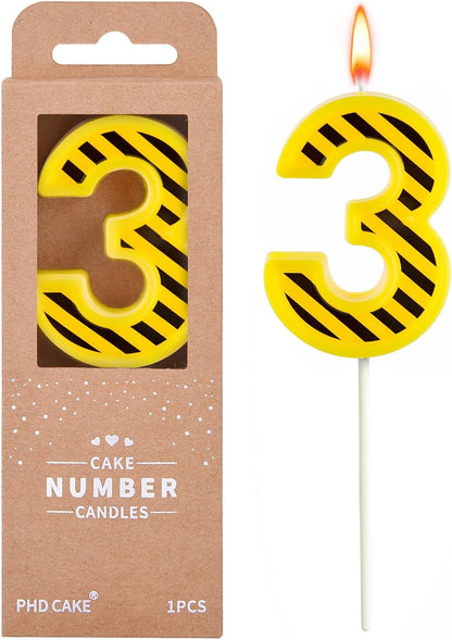 2.76 Inch Number 3 Construction Birthday Candles, Yellow and White Stripes Number Candles, Cake Number Candles, Party Celebration, Style Candle1