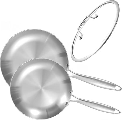 8.5-10 Inch Tri-Ply Stainless Steel Frying Pan Set with Lid,Skillets,Induction Cookware,Dishwasher and Oven Safe | Tri-Ply Stainless Steel Frying Pan | PFOA & PTFE Free | Fast & Even Heat | Induction Compatible | Dishwasher & Oven Safe1