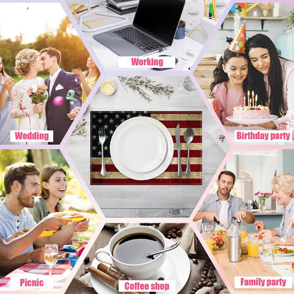 National Flag Placemats Set of 6,12X18 Inch 4Th of July Linen Place Mat Washable Stain Resistant Table Mats for Patriotic Theme Seasonal Farmhouse Kitchen Party Home Decor7
