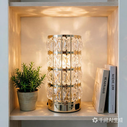 Cylinder Crystal Table Lamp, Chrome Warm Glow, USB Ports, LED Bulb3