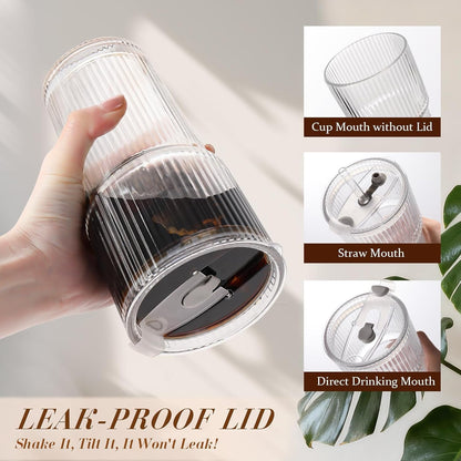 Iced Coffee Cups with Lids: Coffee Bar Accessories - Ribbed Glass Tumbler with Straw and Lid 4Pcs - 20Oz Leak Proof Tumbler - Reusable Glass Cups and Tumblers with Lid and Straws for to Go Iced Coffee4