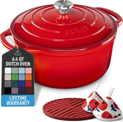 6.4QT Enameled Cast Iron Dutch Oven Pot with Lid, Heat Pad & Trivet, Heavy-Duty Soup Pot for Stews, Braising, Roasting & Sourdough Bread Baking, Oven Safe up to 500°F - Ablaze Red1