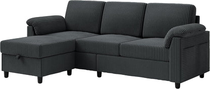 Convertible Sectional Sofa Couch, 3 Seat L Shaped Sofa with Removable Pillows Soft Corduroy Fabric Small Couches Mid Century for Living Room, Apartment and Office (Gray)8