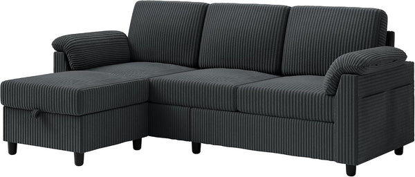 Convertible Sectional Sofa Couch, 3 Seat L Shaped Sofa with Removable Pillows Soft Corduroy Fabric Small Couches Mid Century for Living Room, Apartment and Office (Gray)8