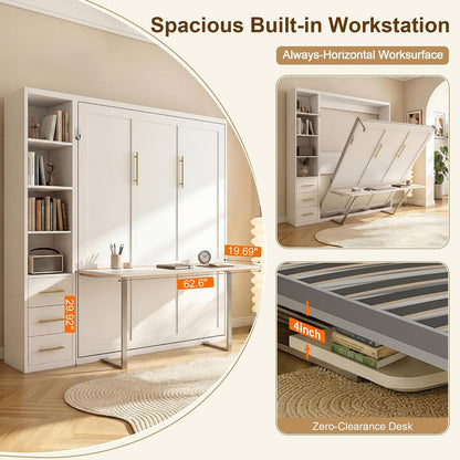 Queen Murphy Bed with Desk & Storage,4-Smooth Hydraulic Lift, White6