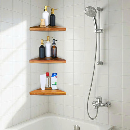 Acacia 2,3 Tiers Corner Shower Shelf, Triangular Corner Shelf Wooden Bathroom Shelf for Tiled Wall, Shower Corner Shelf, No Drilling Requied (3)6