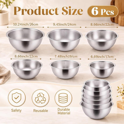 6 Pcs Stainless Steel Nesting Mixing Bowls Set 6 Sizes 0.5Qt‑5Qt3
