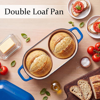 Cast Iron Dutch Oven for Sourdough Bread Baking, Mini Enameled Bread Pot with Lid, Nonstick Double Loaf Pan for Homemade Bread, Cake & Meatloaf, Oven Safe to 500°F, 16.5Cm Diameter, Blue2