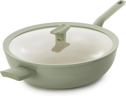 Leo Balance Ceramic Nonstick Wok Pan & Glass Lid, 12.75" 6.2Qt | Induction Compatible Flat Bottom Recycled Aluminum Stir Fry Pan, PFAS & PTFE Free, Stay Cool Helper Handle, Sage Green2