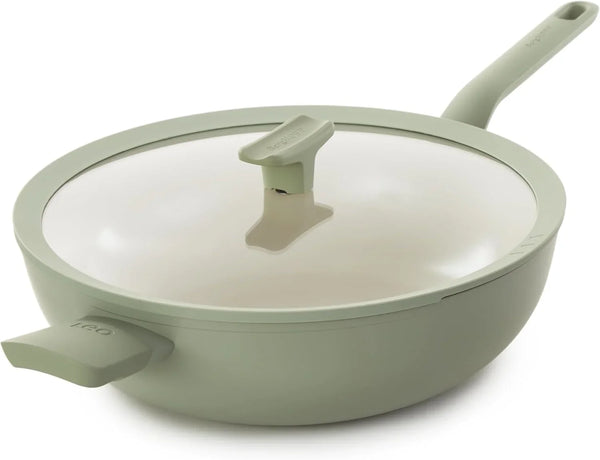 Leo Balance Ceramic Nonstick Wok Pan & Glass Lid, 12.75" 6.2Qt | Induction Compatible Flat Bottom Recycled Aluminum Stir Fry Pan, PFAS & PTFE Free, Stay Cool Helper Handle, Sage Green2