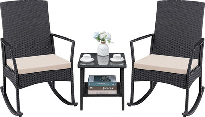 3 Pieces Patio Furniture Set Outdoor Wicker Rocking Chairs,Beige1