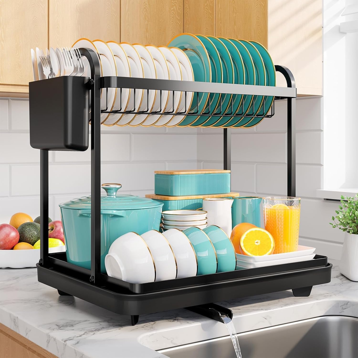 2-tier-dish-drying-rack-stainless-steel-dish-rack-with-cutlery-utensil-holders-for-kitchen-counter-sink-organization-and-storage-for-small-family-15-w-x-11-4-l-x-15-h-black