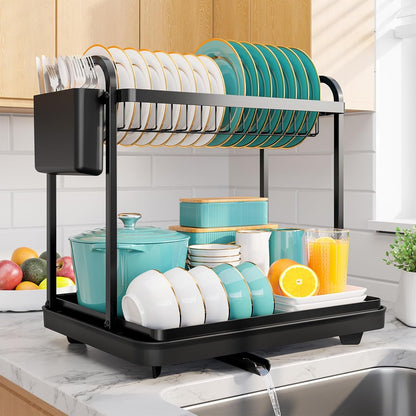 2-Tier Dish Drying Rack - Stainless Steel Dish Rack with Cutlery & Utensil Holders for Kitchen Counter, Sink Organization and Storage for Small Family, 15" W X 11.4" L X 15" H, Black1