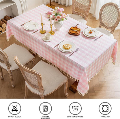 Checkered Tablecloth Rectangle Cotton Linen Gingham Table Cloth with Tassel Washable Wrinkle Free Heavy Duty Buffalo Plaid Table Cover for Dining/Party/Picnic (Pink, 55" X 55" (Square))7