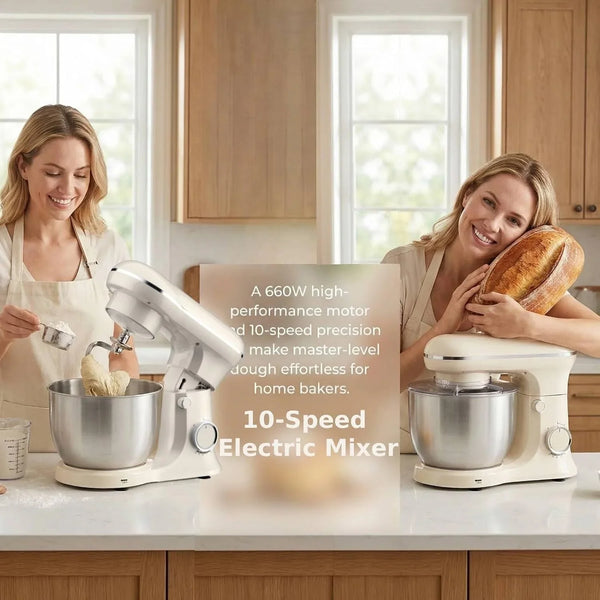 10 Speeds Stand Mixer with Bowl 6.5QT Stainless Steel, Electric Kitchen Stand up Mixer for Baking Cakes Cookie Bread Salad Food with Egg Whisk, Dough Hook, Flat Beater - Portable Baking Mixers White5