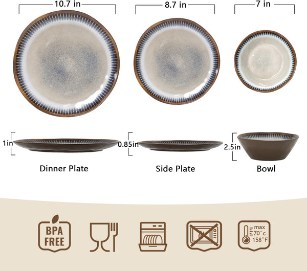 Melamine Dinnerware Set, 12 Pcs Dishware Sets, Plate and Bowl Set Service for 4, Lightweight and Unbreakable Dinnerware Sets for Camping, Great for RV, Dishwasher Safe, Sahara Beige and Blue6