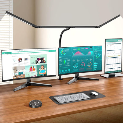 Led Desk Lamps for Home Office - Eye Caring Architect Lamp with Clamp, Double Head Computer Monitor Work Desk Light with Remote Control: 24W Flexible Dimmable Desktop Table Lamp1