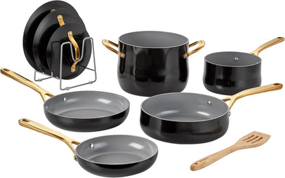 Culinary Ceramic Cookware Set, Dishwasher Safe Nonstick Pots and Pans, 10 Piece Kitchen Cookware Set for Home Cooking, Easy & Clean Design, Black, 34CG-10BK1