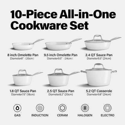 Ceramic Pots and Pans Set Nonstick, 10Pcs White Cookware Set | Induction Compatible & Oven Safe, Non-Toxic PTFE PFOA Free Healthy Kitchen Cooking Set for All Stovetops, Easy to Clean2