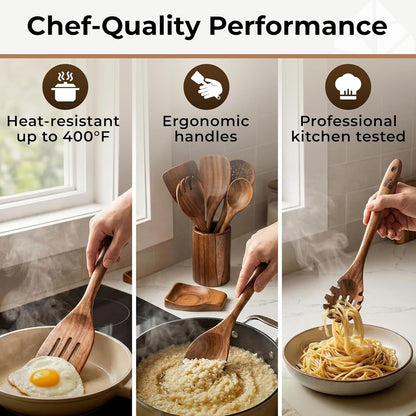 Wooden Utensil Set, 8 Pcs Teak Wooden Spoons for Cooking with Holder5