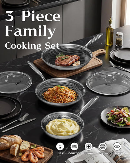 Nonstick Frying Pan Set, 8+10+12 Inch, Honeycomb Stainless Steel Skillet Pans Set, Pfoa-Free Scratch-Proof, Dishwasher & Oven Safe, Compatible with All Cooktops2