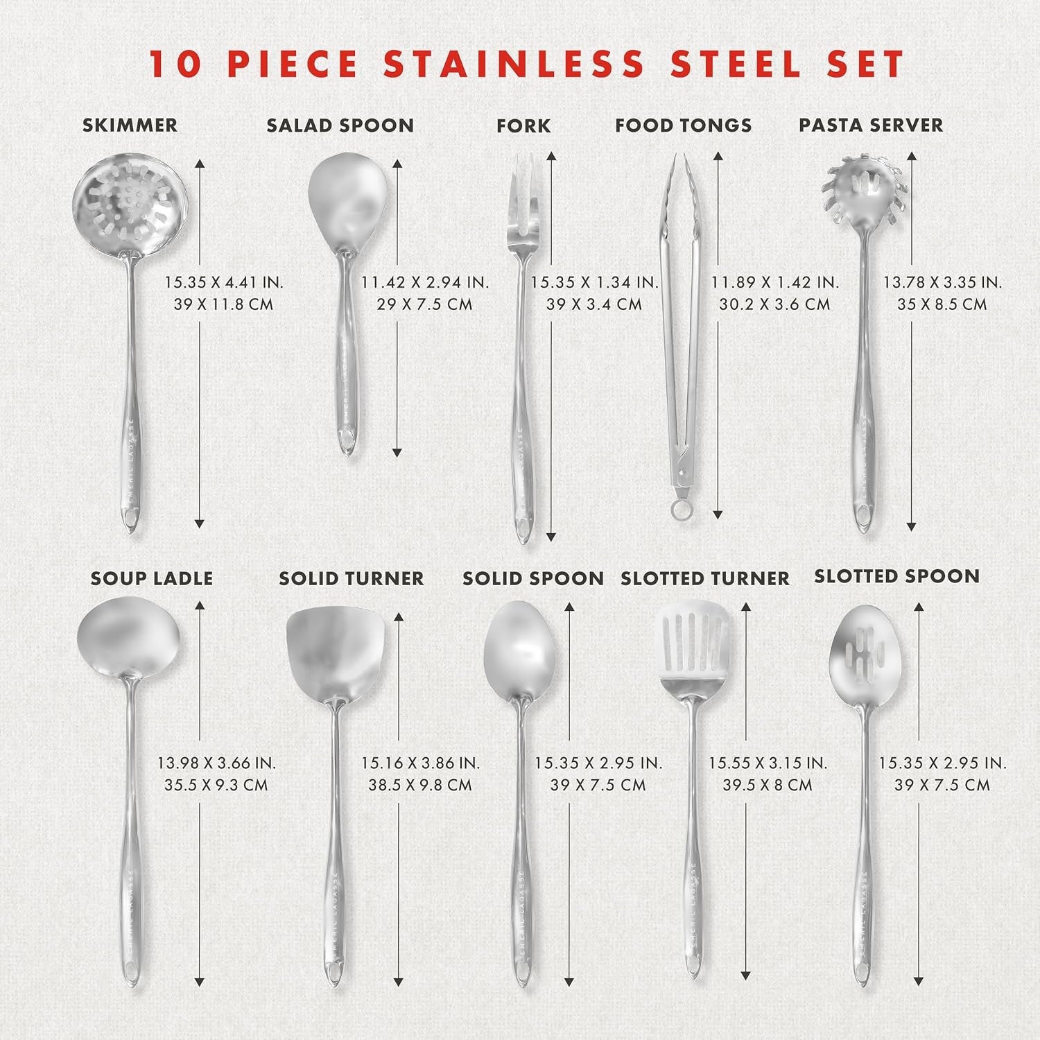lagasse-10-piece-stainless-steel-utensil-set-premium-304-mirror-finish-cooking-tools-with-hanging-loops-heat-resistant-dishwasher-safe-kitchen-gadgets-for-nonstick-cookware