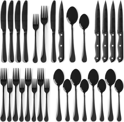 24-Piece Black Silverware Set with Steak Knives Flatware Set for 4 Food-Grade Stainless Steel Cutlery Set Mirror Polished Utensils Set Include Spoons and Forks for Home Kitchen Restaurant1