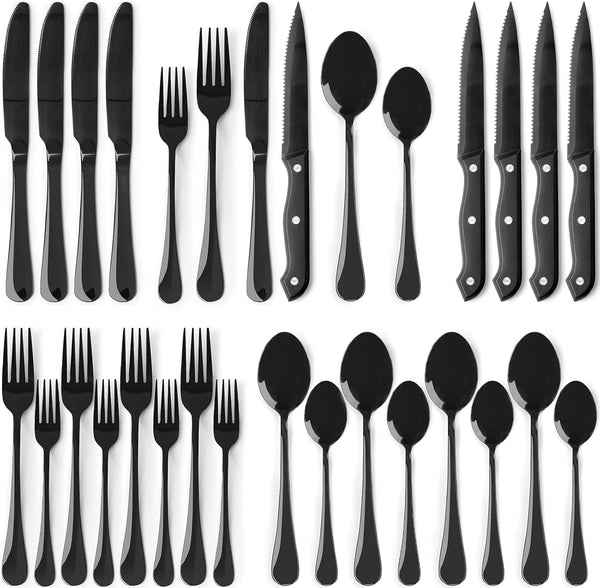 24-Piece Black Silverware Set with Steak Knives Flatware Set for 4 Food-Grade Stainless Steel Cutlery Set Mirror Polished Utensils Set Include Spoons and Forks for Home Kitchen Restaurant1