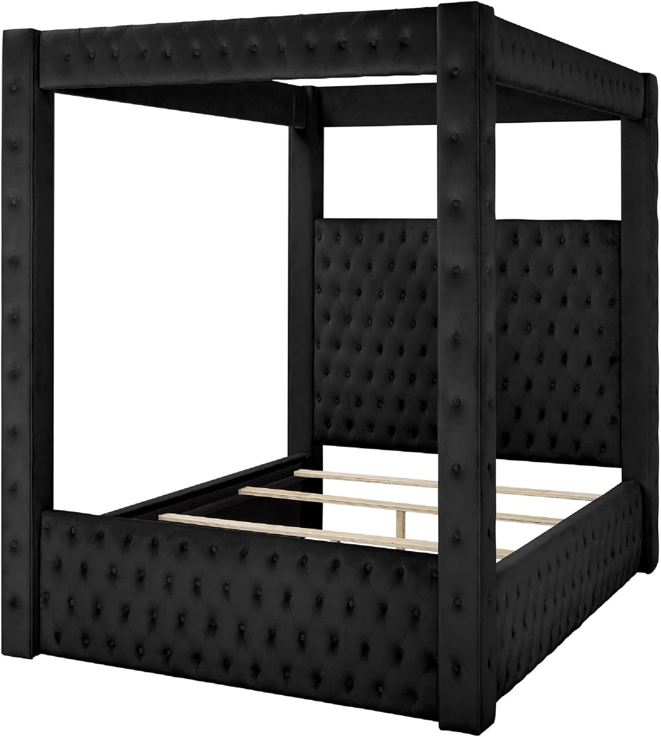 beli-king-size-canopy-bed-tufted-design-black-velvet-upholstery