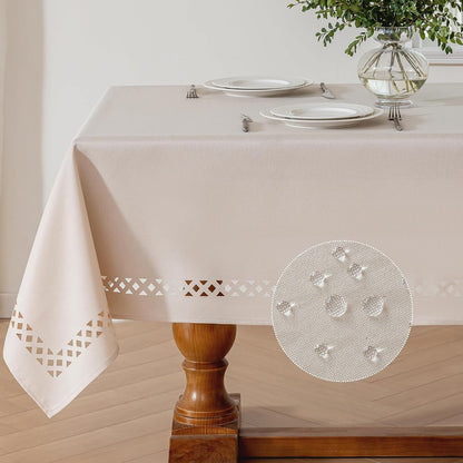 Rectangle Linen Polyester Tablecloth with Decorative Cutouts, Waterproof Tablecloth Wrinkle Free Spring Farmhouse Dining Tables Cover for Dining Party Camping, 55 X 70 Inch, Beige2